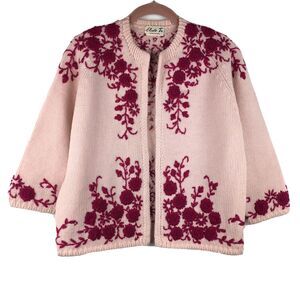 VTG Elsie Tu Hong Kong Embroidered Pink Floral Cropped Cardigan Sweater Small